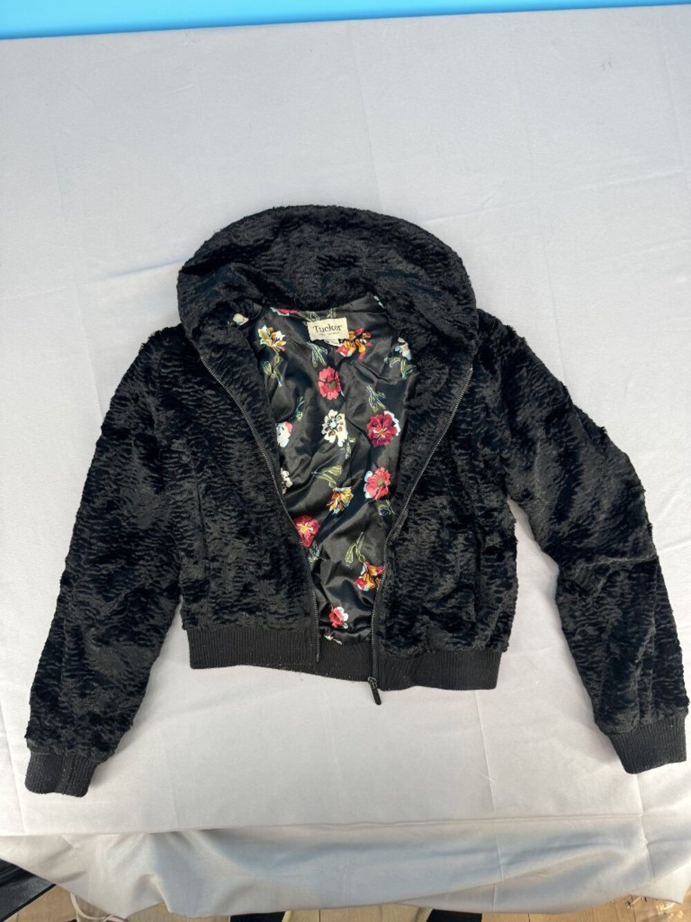 Tucker for Target Womens Black Faux Fur Hooded Bomber Jacket Floral Lined S